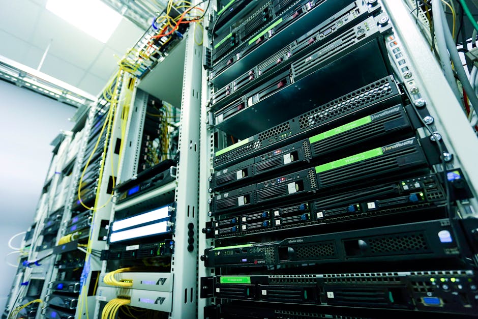 High-tech server rack in a secure data center with network cables and hardware components
